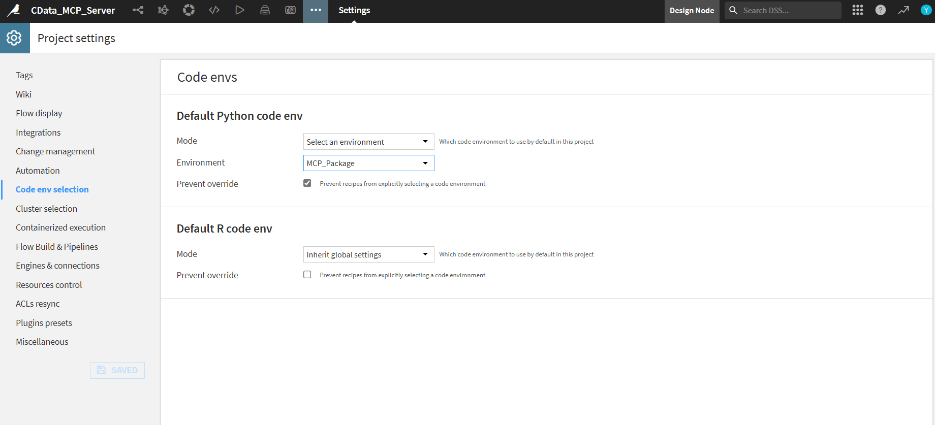 Project settings Code env selection