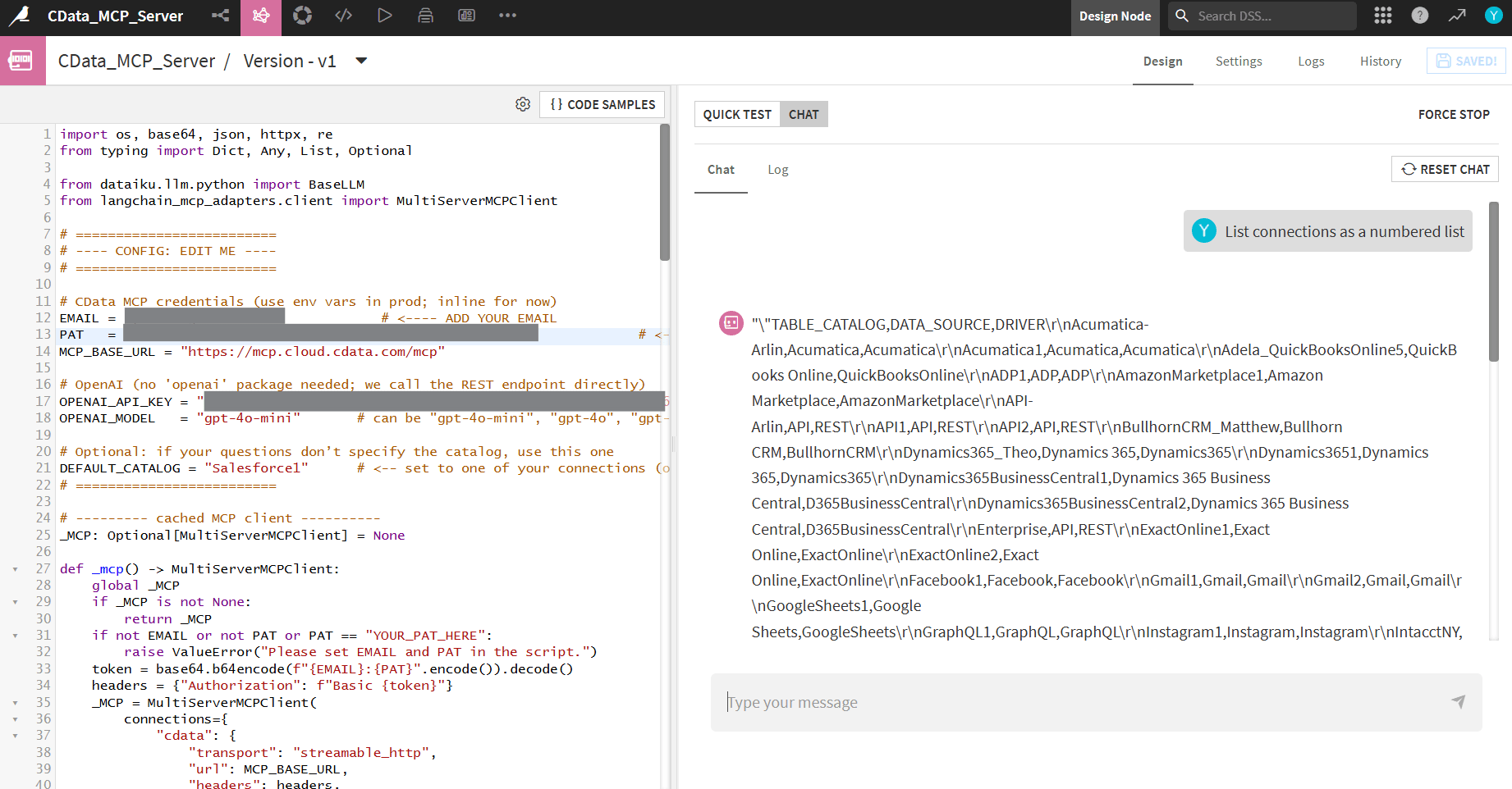 Chat: listing catalogs and running queries