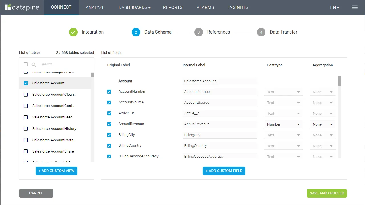 Selecting tables and fields to visualize (Salesforce is shown)