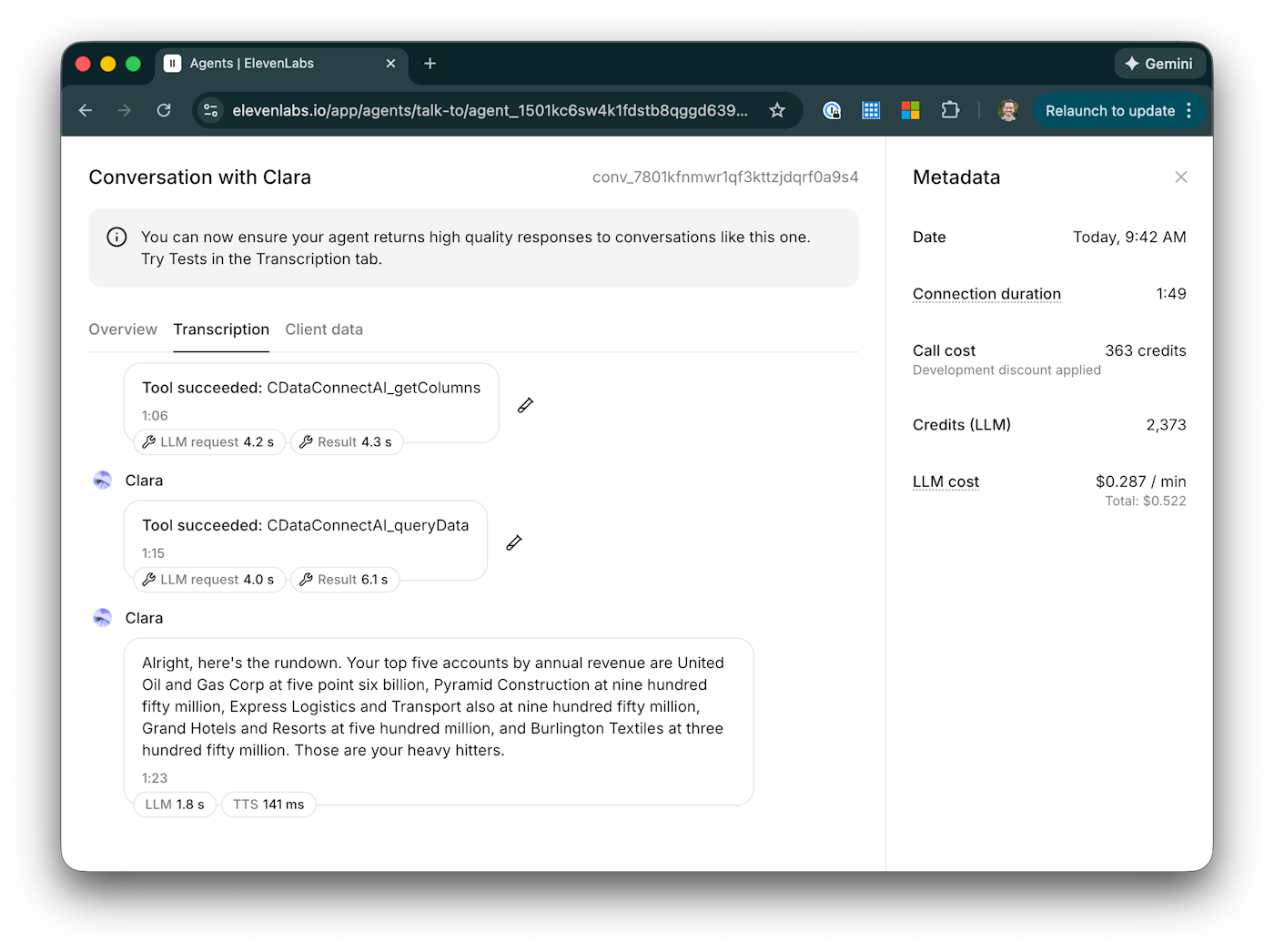 Voice agent responding with data from Connect AI