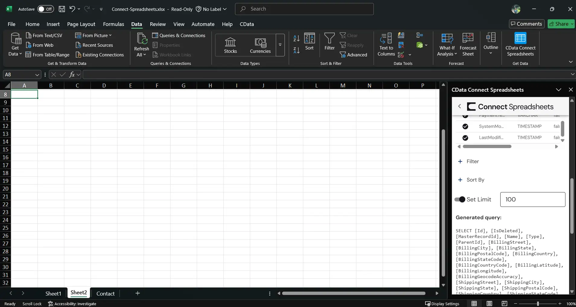 Choosing a Connection, Table, and Columns