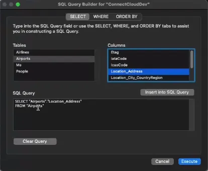 Configuring the query by selecting columns.