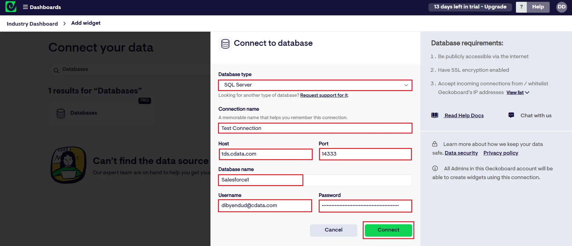 Configuring the connection to the Virtual SQL Server API