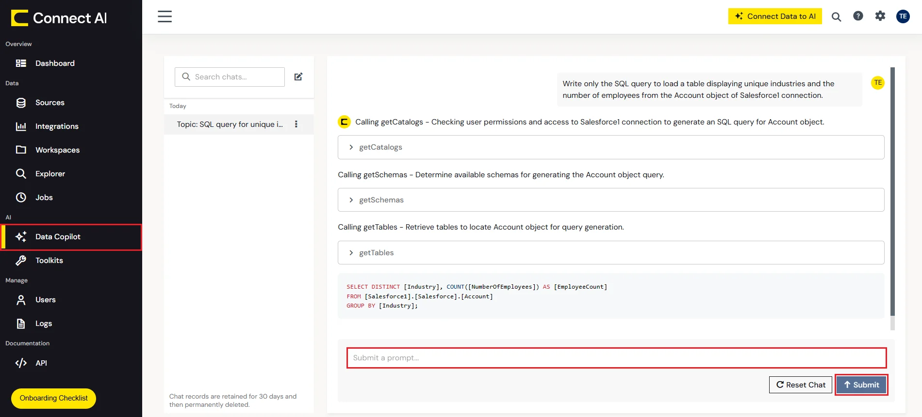 Generate an SQL query using AI Generator in Connect AI.