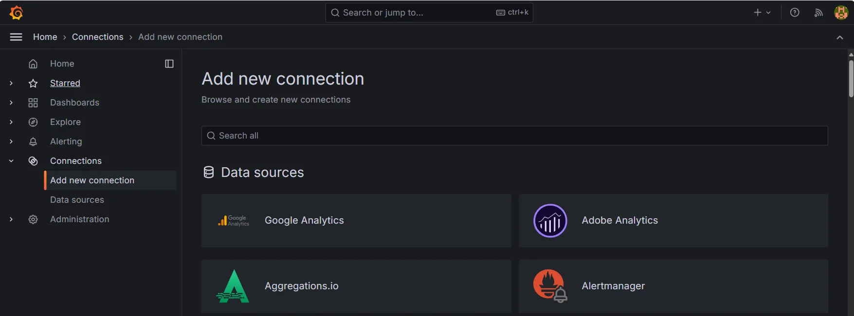Adding a new Connection in Grafana