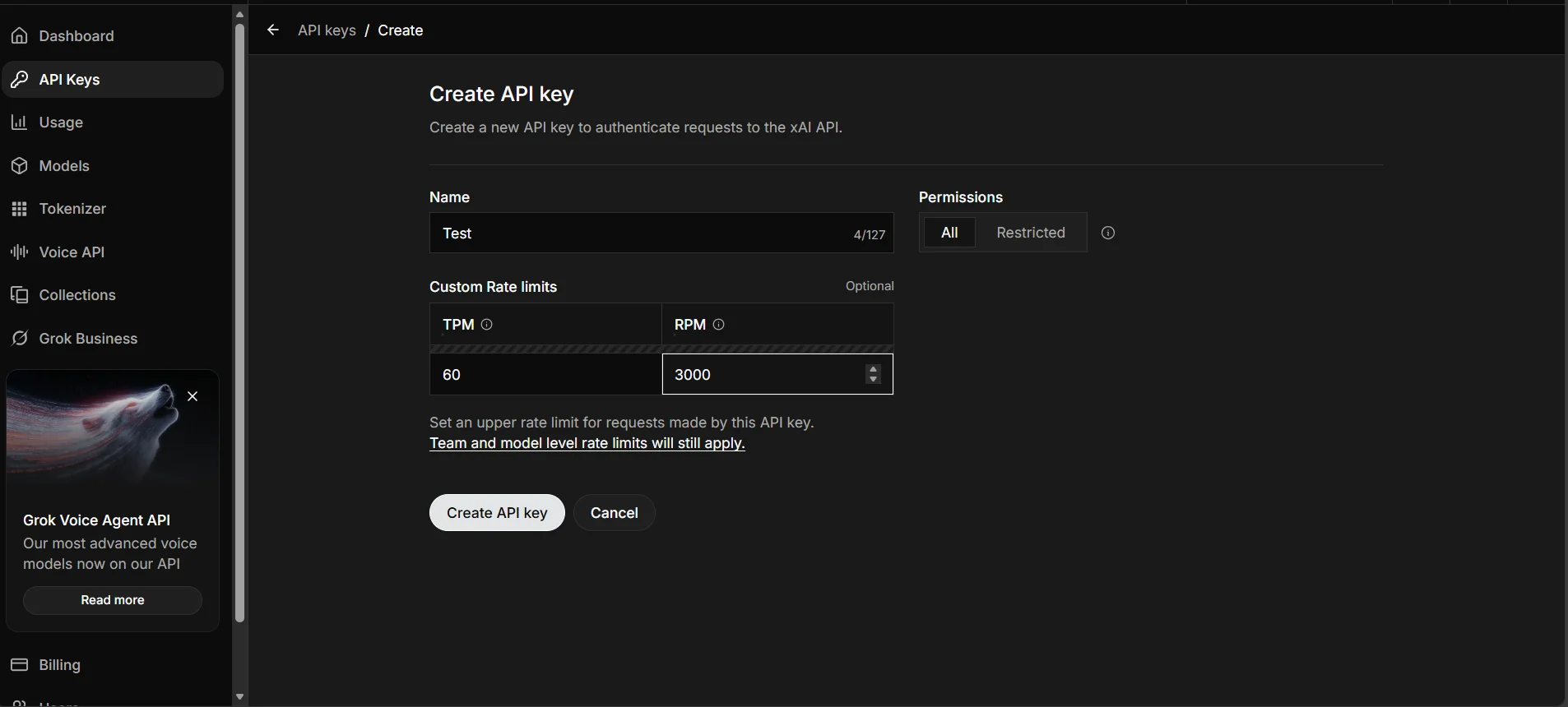 Select create API keys