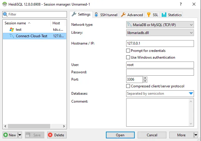Creating a new session in HeidiSQL.