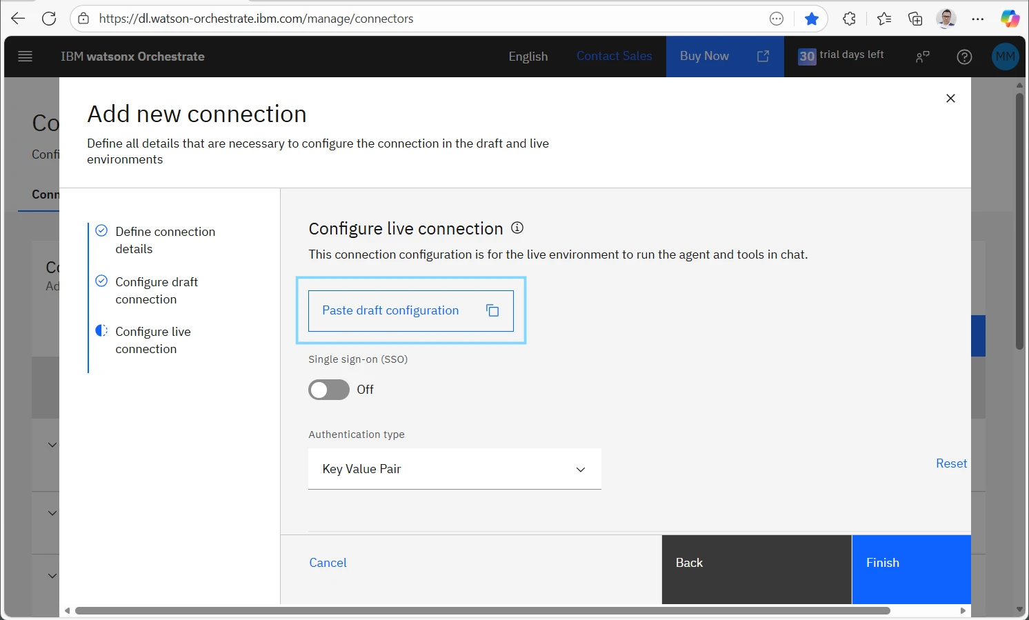 Pasting draft configuration for live connection