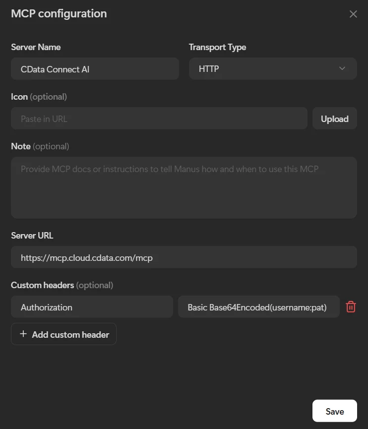 Configuring the CData Connect AI MCP Server directly in Manus AI