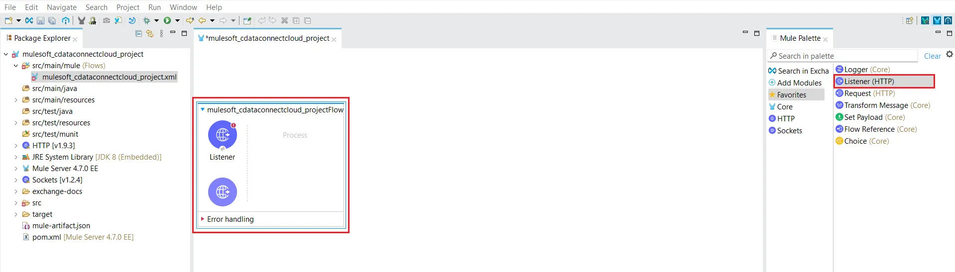 Drag the HTTP Listener to the Message Flow area