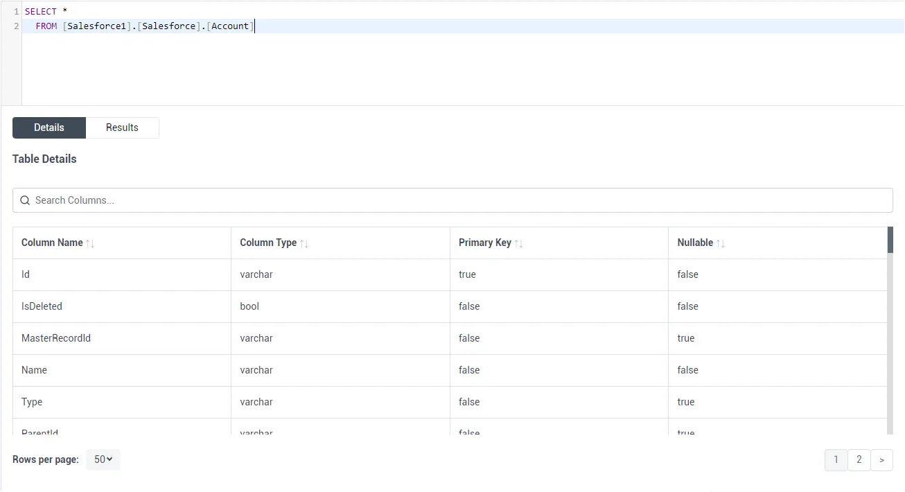 Table definition in the Data Explorer (Salesforce is shown)