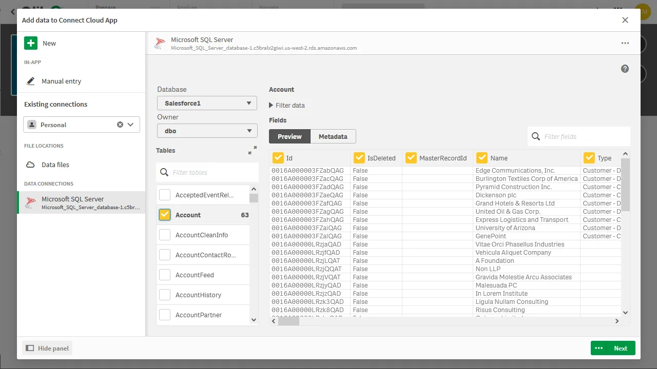 Adding data to the app (Salesforce is shown.)