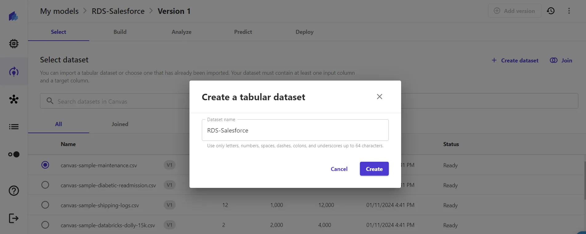 Create a tabular dataset