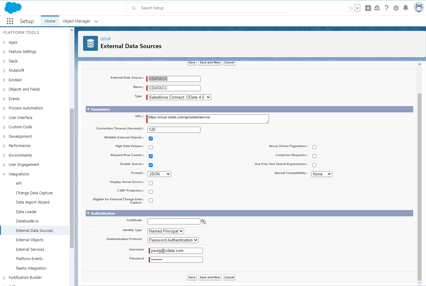 Configuration settings for the data source (NetSuite is shown)