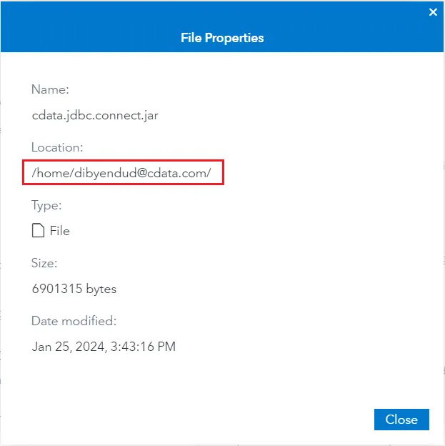 Save the location of the JAR file from File Properties