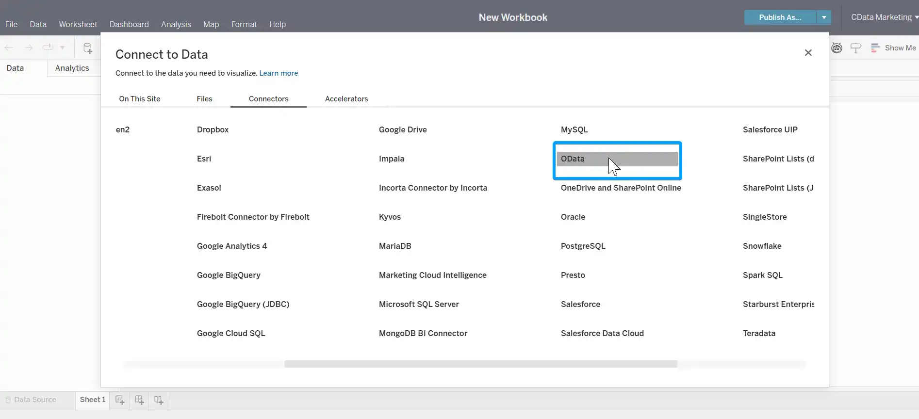 Selecting OData connector in Tableau Cloud