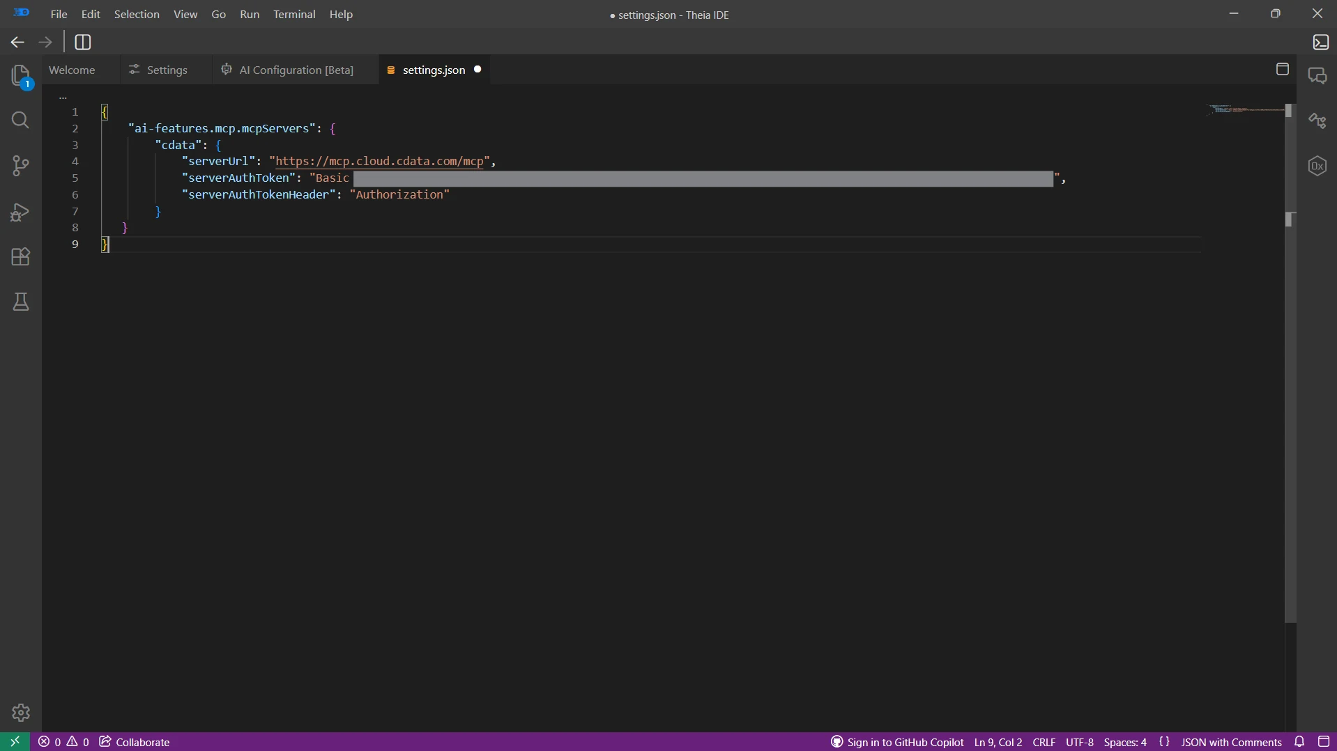Pasting the CData Connect AI MCP Server configuration in settings.json