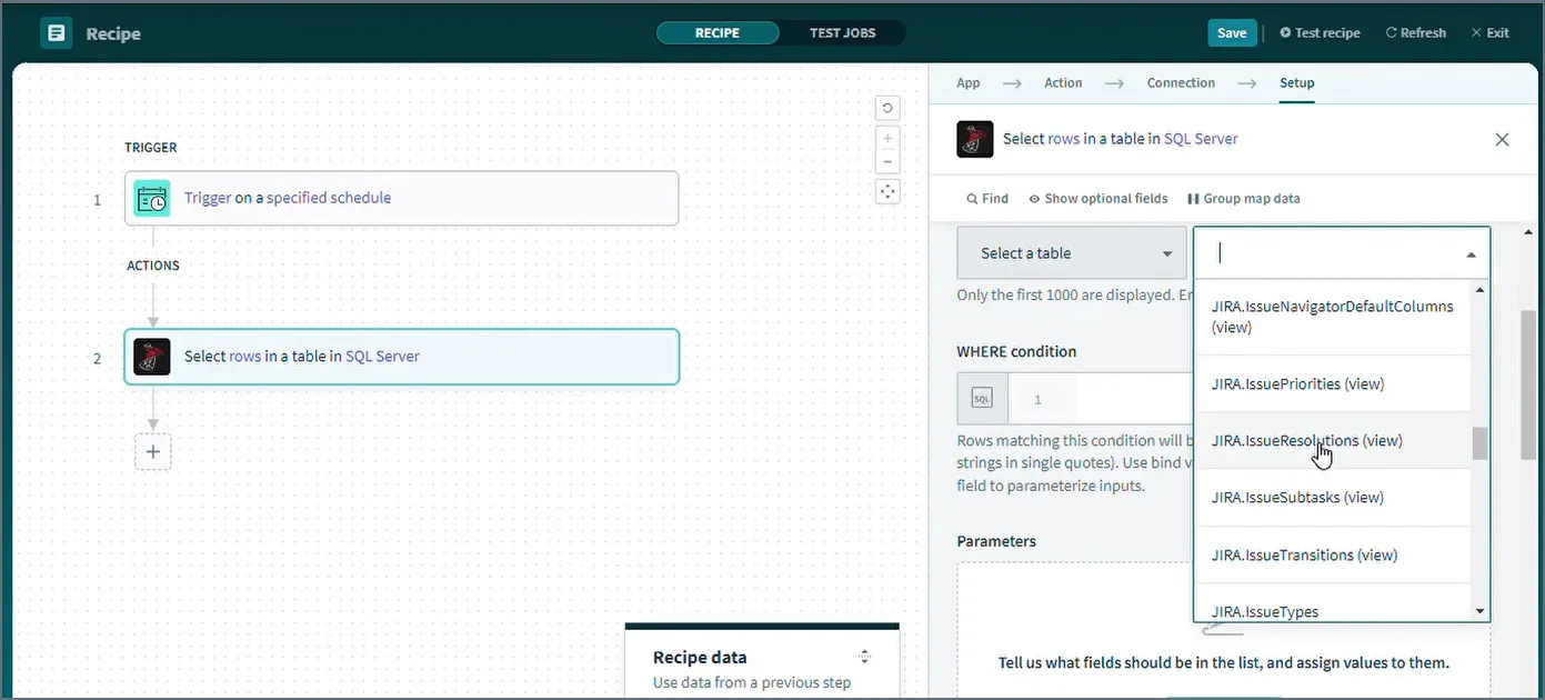 Selecting tables for the Recipe (Jira is shown).