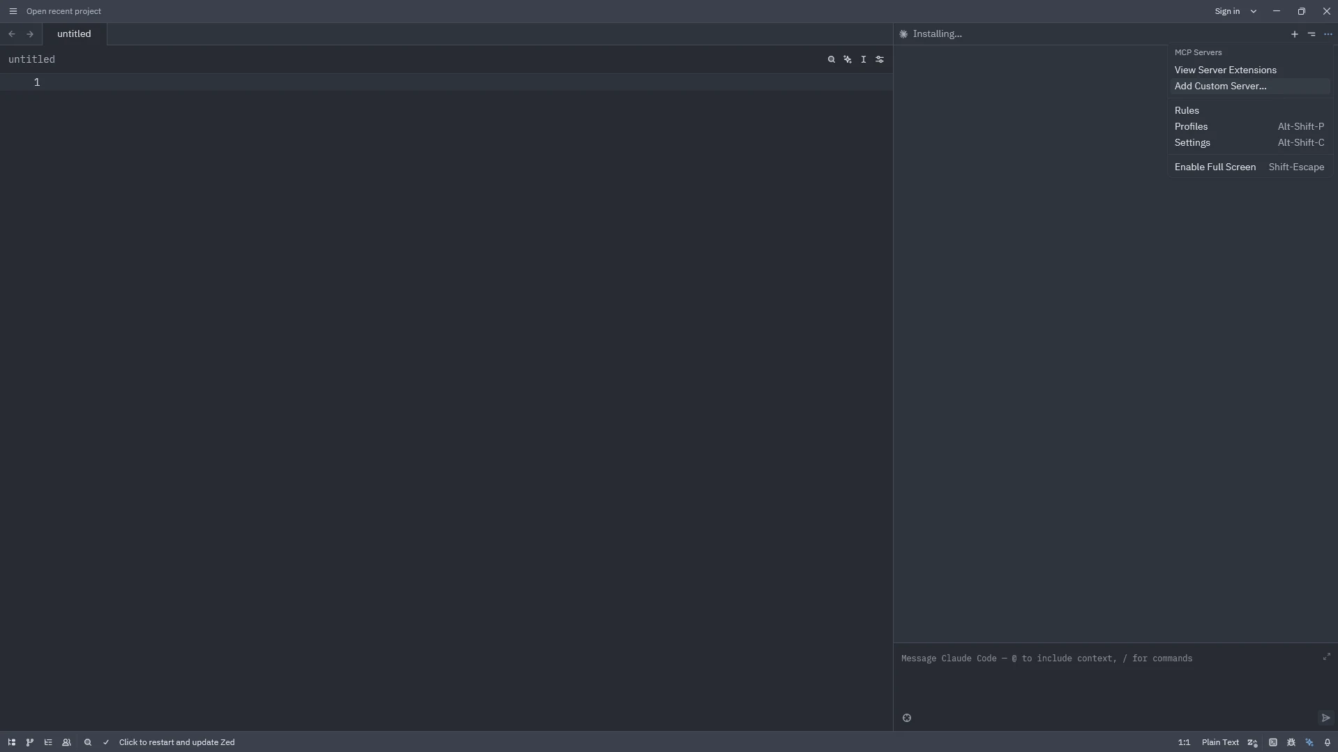 Opening the agent menu to add a custom MCP server