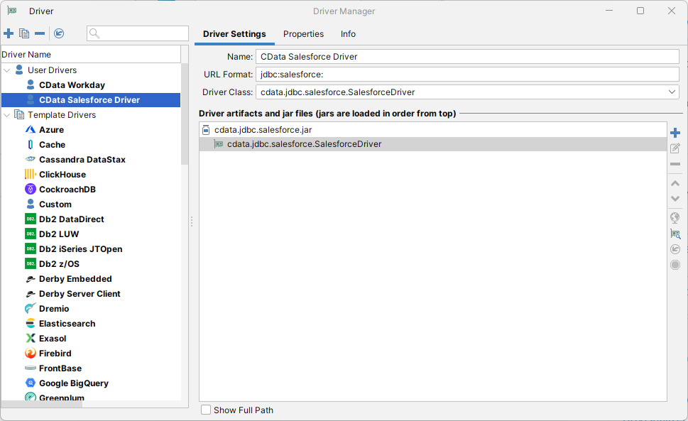 The configured JDBC driver. (Salesforce is shown.)