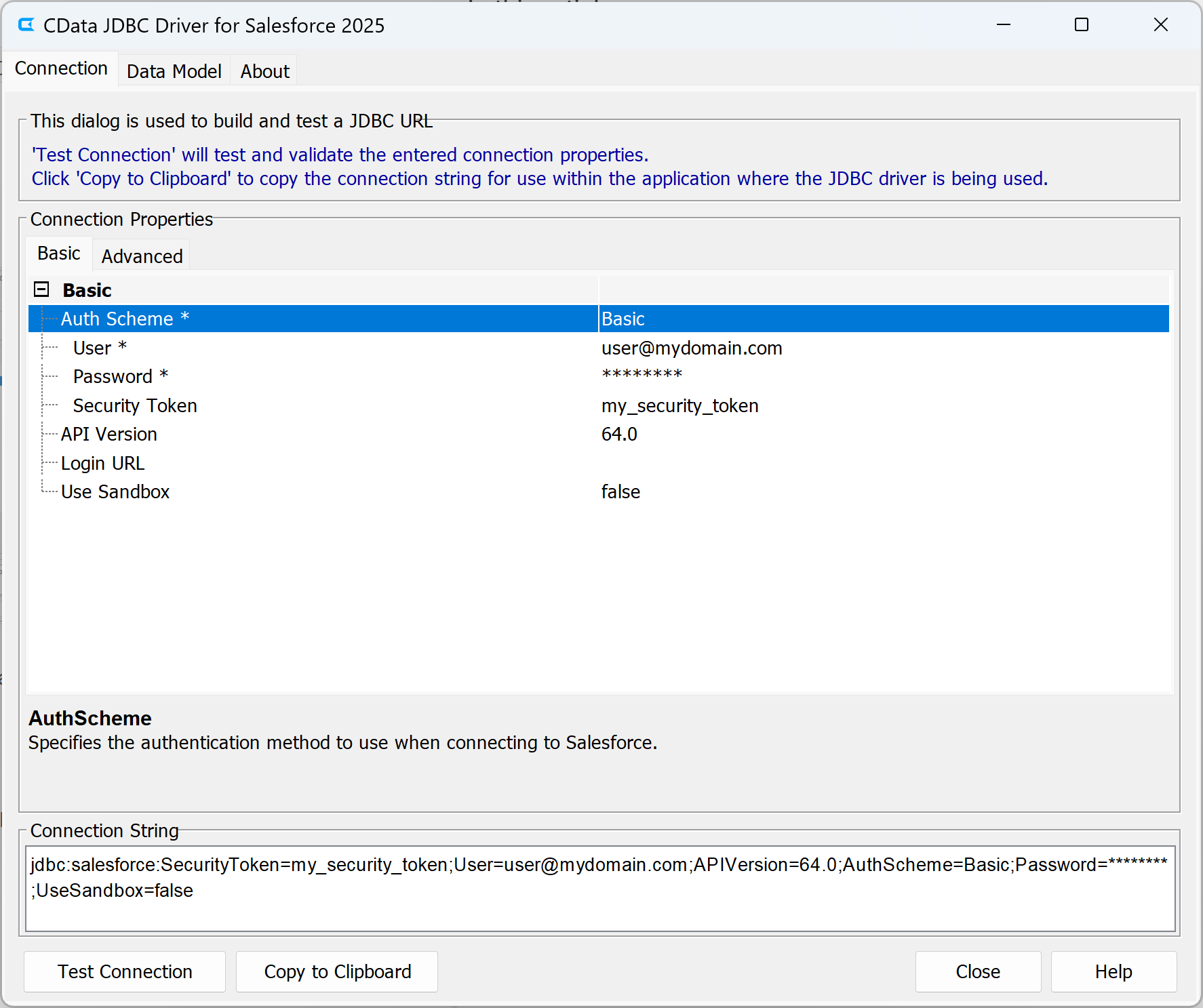 Using the built-in connection string designer to generate a JDBC URL (Salesforce is shown.)