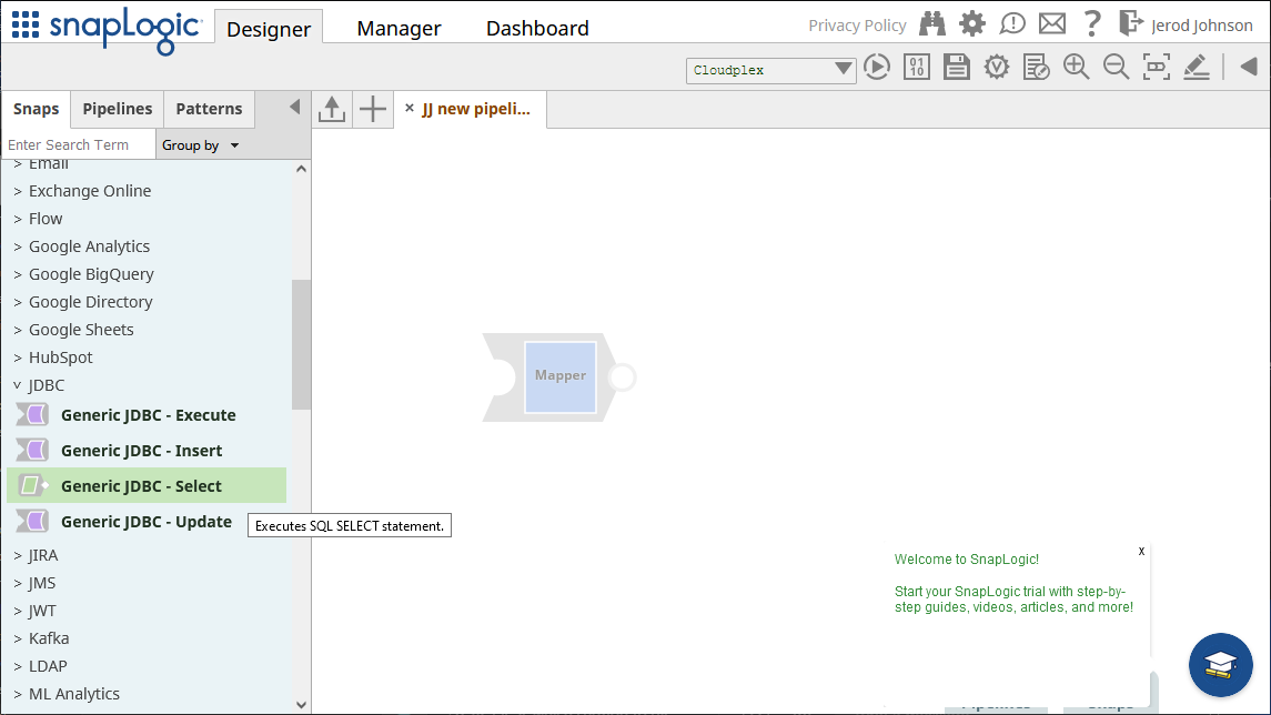 Adding a Generic JDBC snap onto the designer