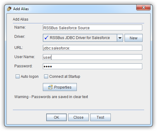 The alias definition, containing the connection parameters. (Salesforce is shown.)