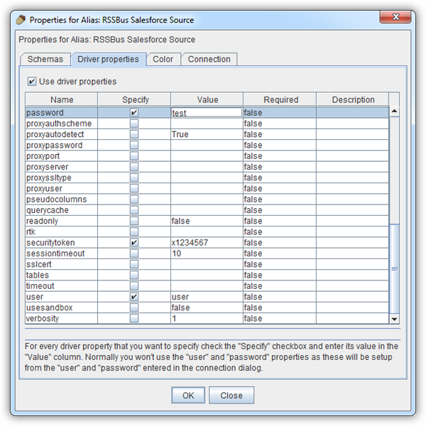 Connection properties automatically detected by Squirrel SQL. (Salesforce is shown.)