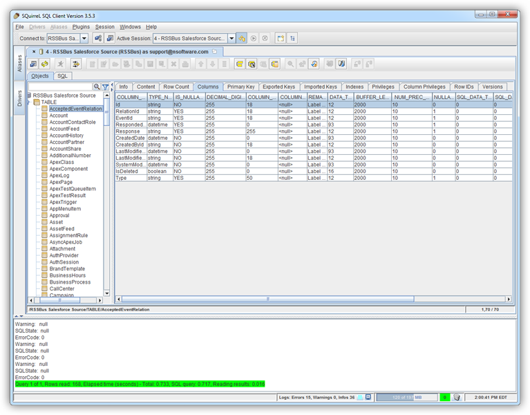 Column metadata for a table. (Salesforce is shown.)