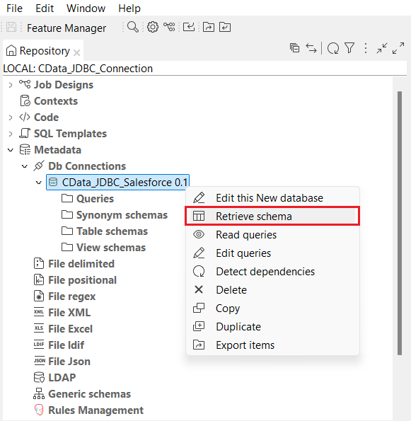 Retrieve schema from the datasource.