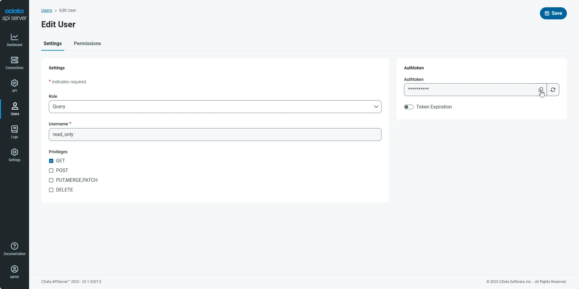 API Server user settings.