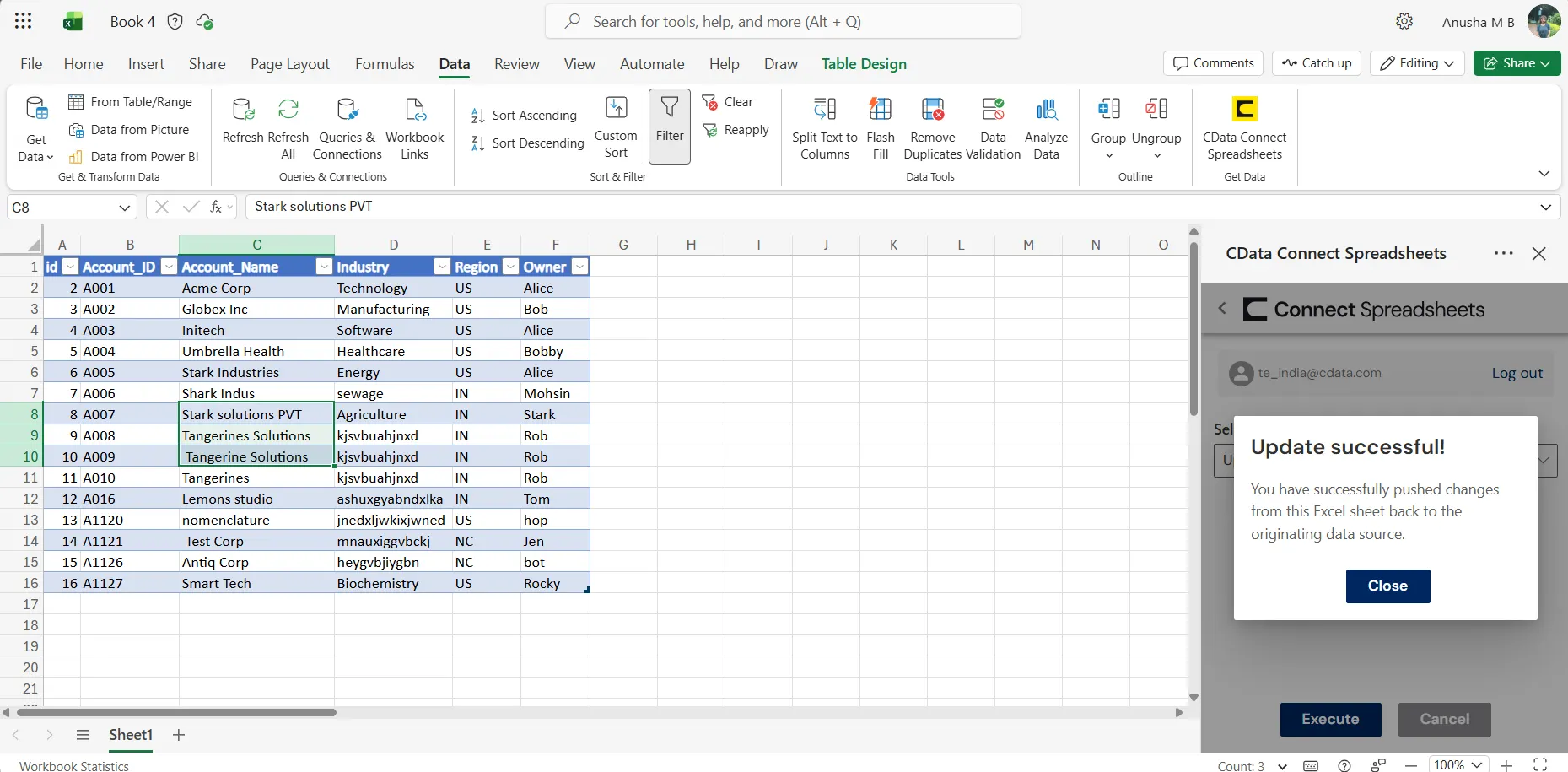 Executing the update (Salesforce is shown).