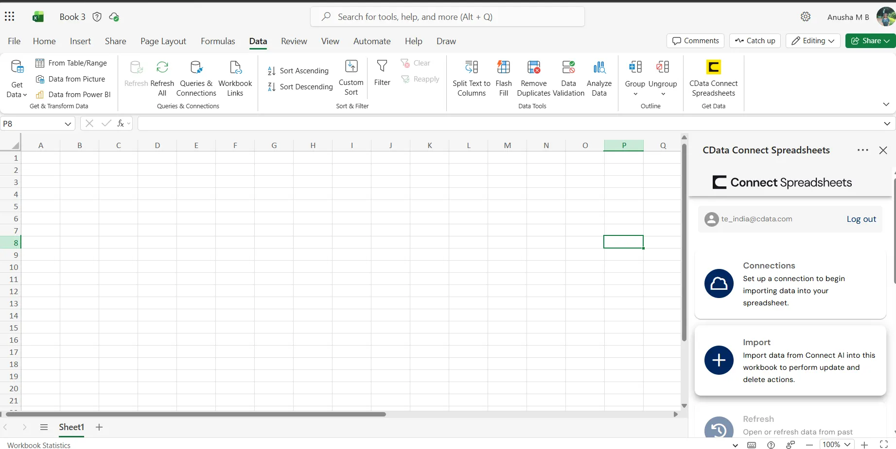 Connect Spreadsheets  panel in Excel