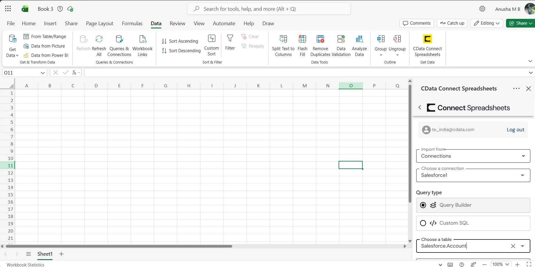 Connect Spreadsheets  panel in Excel