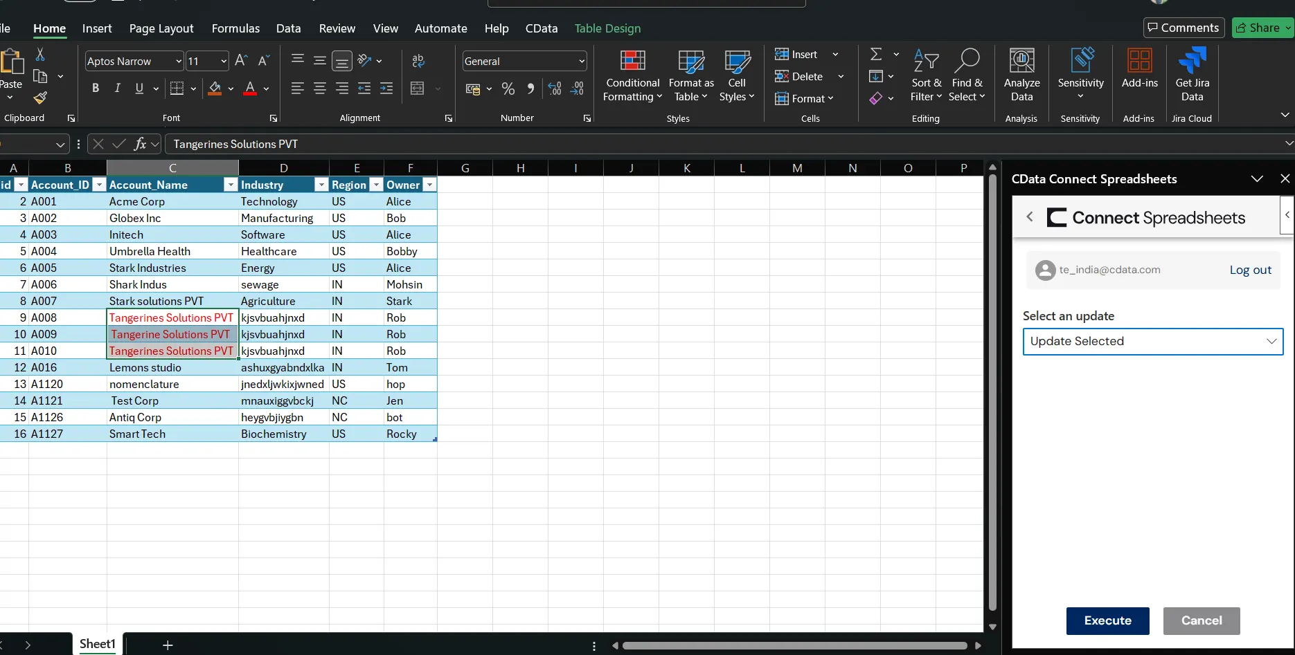 Executing the update (Salesforce is shown).