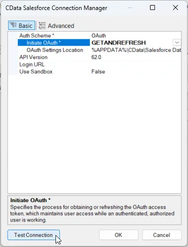 Configure the source connection (Salesforce is shown)