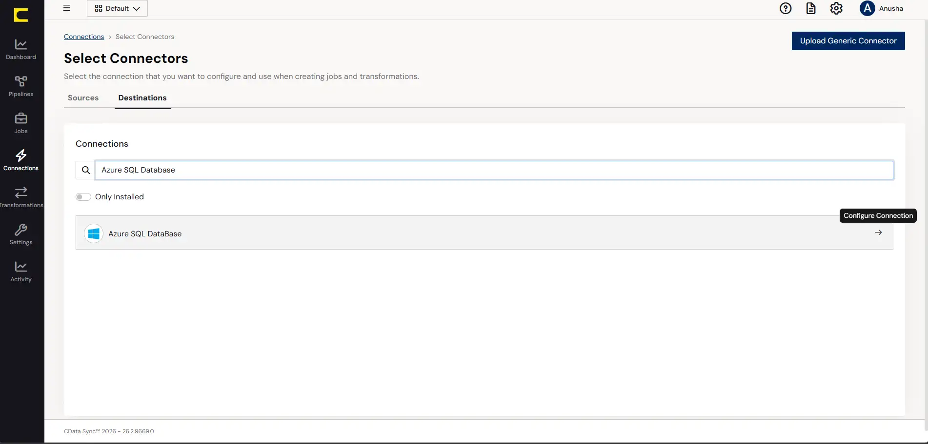 Configure a Destination connection to Azure SQL Database.