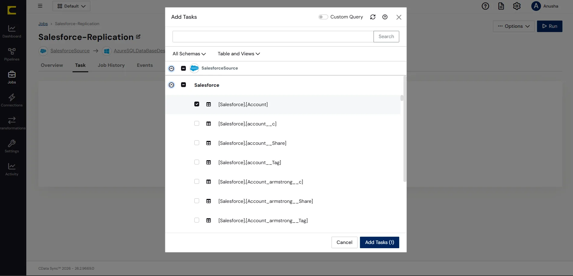 Choose entire tables to replicate (Salesforce is shown).