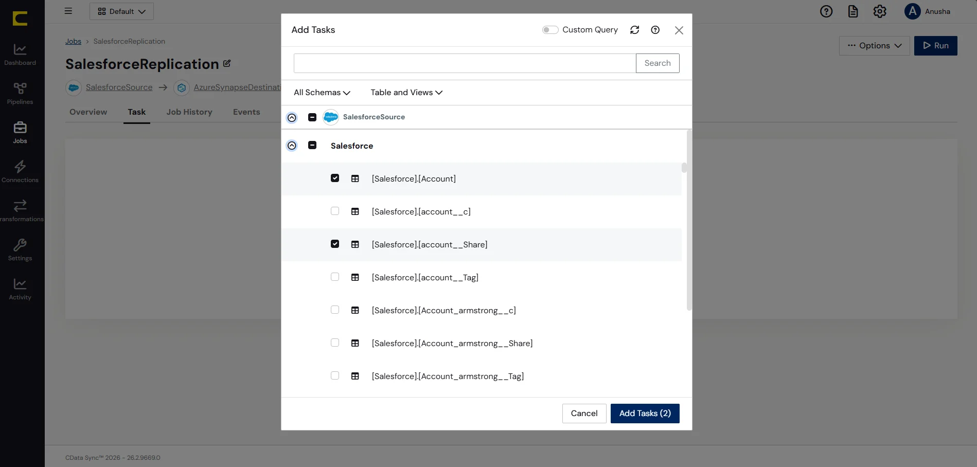 Choose entire tables to replicate (Salesforce is shown).