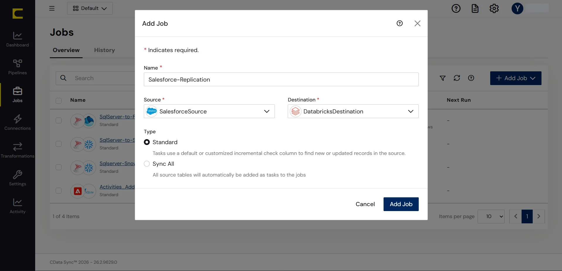 Select Source and Destination connections for the replication.