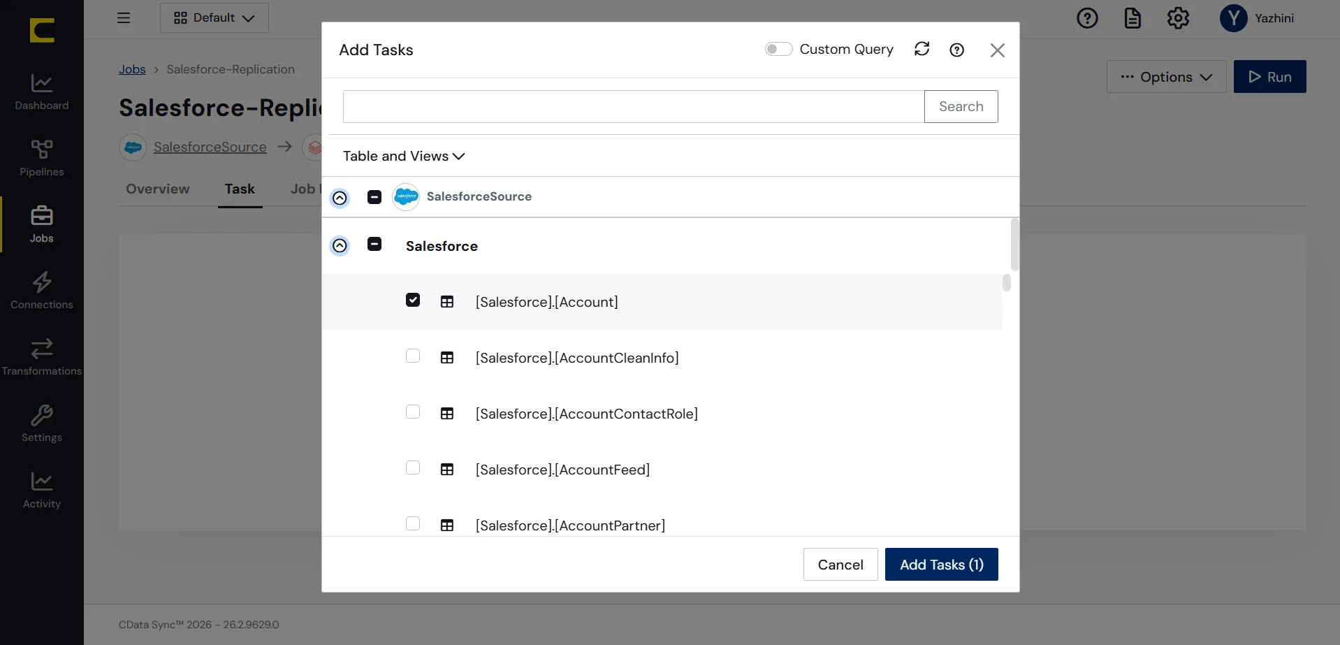 Choose entire tables to replicate (Salesforce is shown).