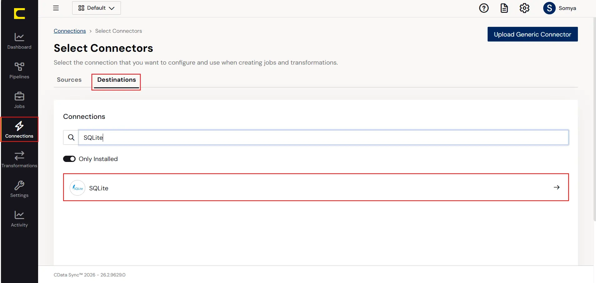 Configure a Destination connection to SQLite.