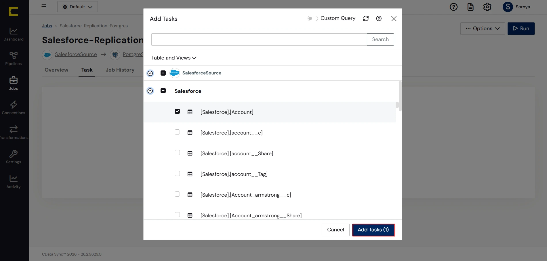 Choose entire tables to replicate (Salesforce is shown).