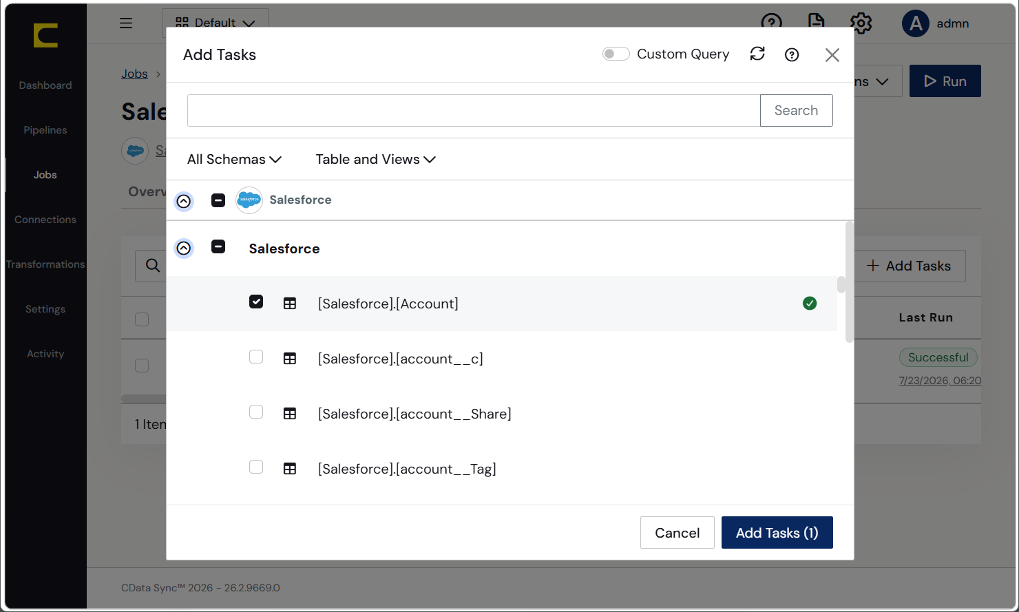 Choose entire tables to replicate (Salesforce is shown).