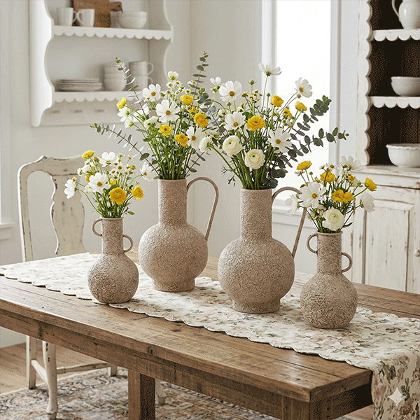 Rustic cream metal ewers with wildflower table centerpiece