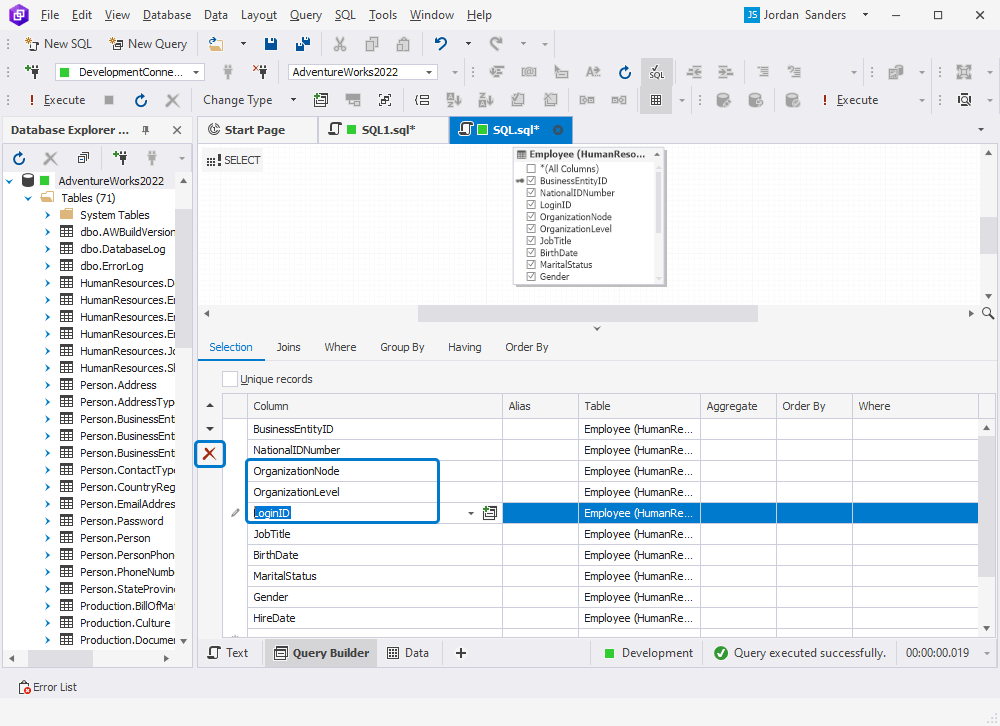 >Use the Remove from output button on the Selection tab