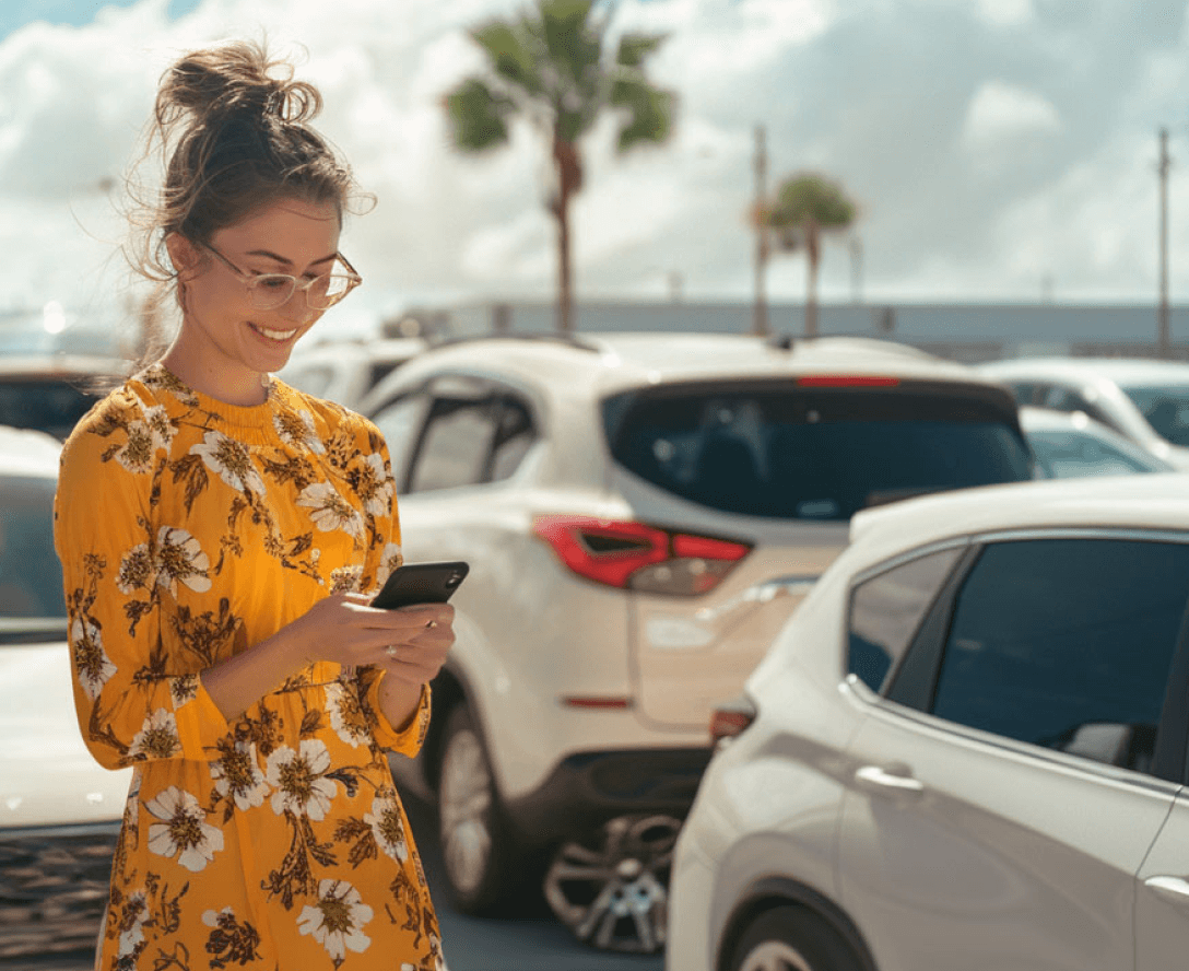 Egy nő a telefonját bámulja egy parkolóban