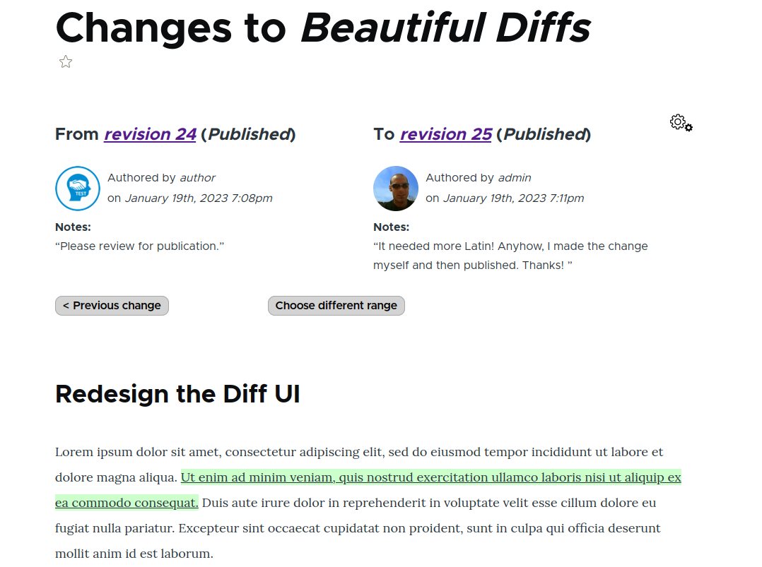 New diff user interface featuring user avatars and a minimalist distraction-free configuration strategy