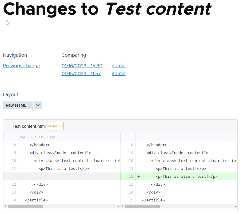 Raw HTML diff preview showing an added line of content.