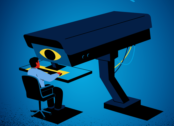Banner depicting a CCTV looking at a human chained to a desk.